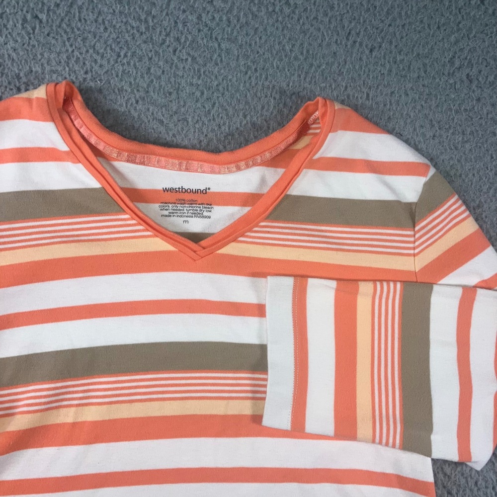 Striped V Neck Shirt Women M Orange 3/4 Sleeve Cotton Preppy Coastal Minimalist